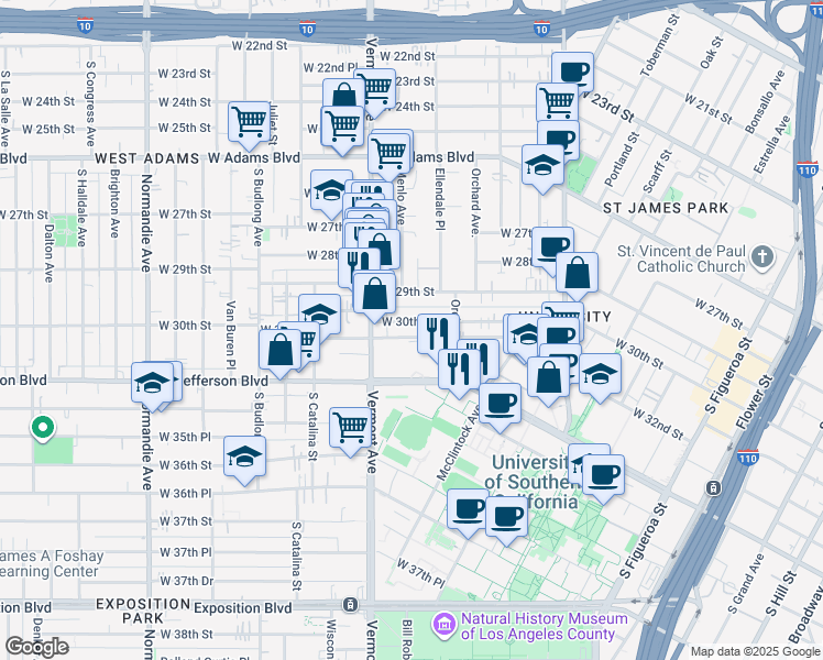 map of restaurants, bars, coffee shops, grocery stores, and more near 1238 West 30th Street in Los Angeles