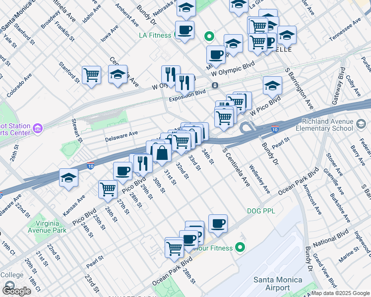 map of restaurants, bars, coffee shops, grocery stores, and more near in Santa Monica