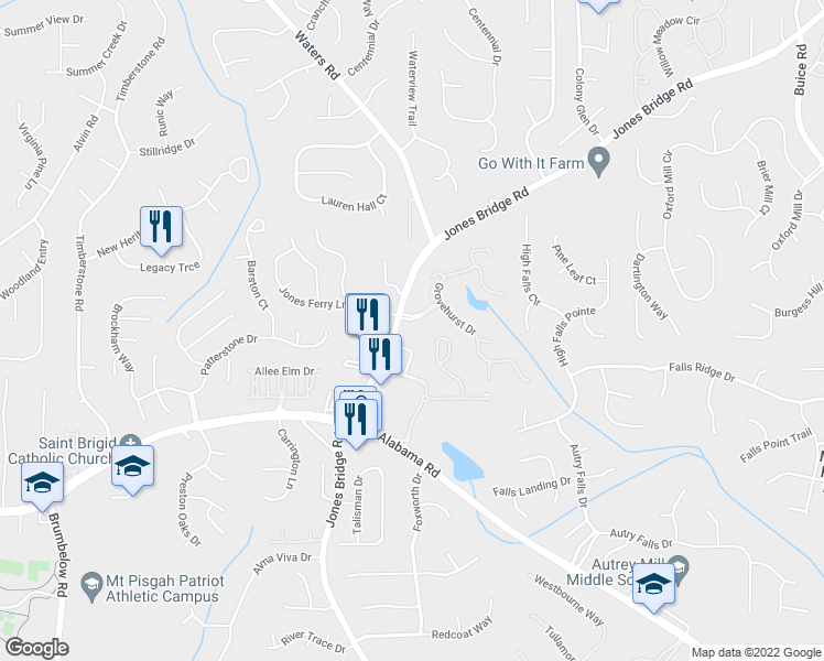 map of restaurants, bars, coffee shops, grocery stores, and more near 9995 Jones Bridge Road in Alpharetta