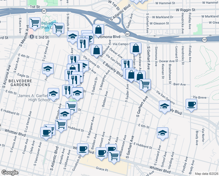 map of restaurants, bars, coffee shops, grocery stores, and more near 438 Belden Avenue in East Los Angeles
