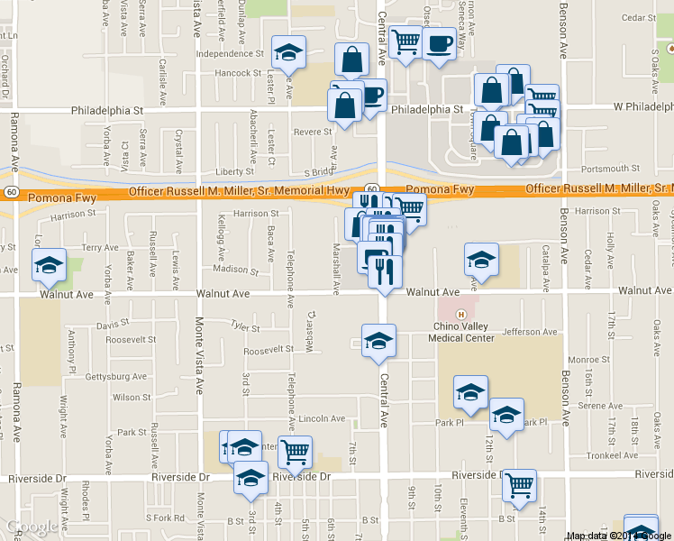map of restaurants, bars, coffee shops, grocery stores, and more near 147 Marshall Avenue in Chino
