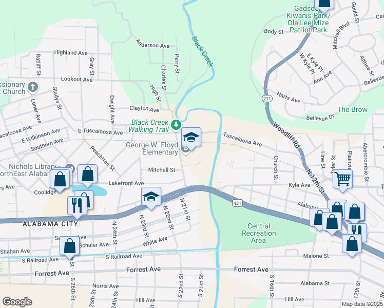map of restaurants, bars, coffee shops, grocery stores, and more near 601 Black Creek Road in Gadsden