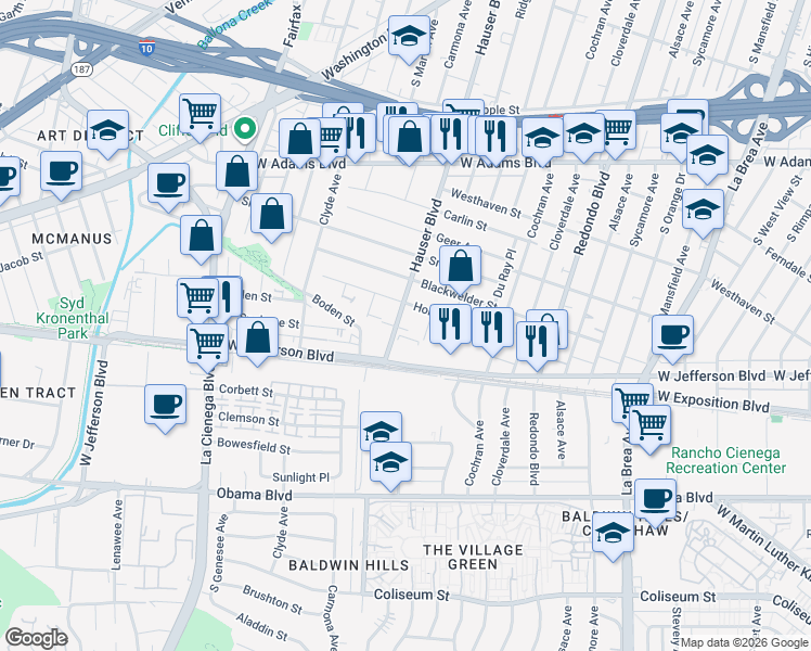 map of restaurants, bars, coffee shops, grocery stores, and more near 2922 Hauser Boulevard in Los Angeles
