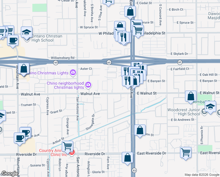 map of restaurants, bars, coffee shops, grocery stores, and more near 320 East Walnut Street in Ontario