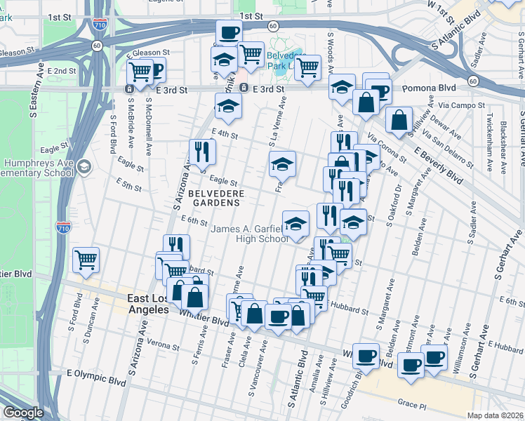 map of restaurants, bars, coffee shops, grocery stores, and more near 532 South La Verne Avenue in East Los Angeles