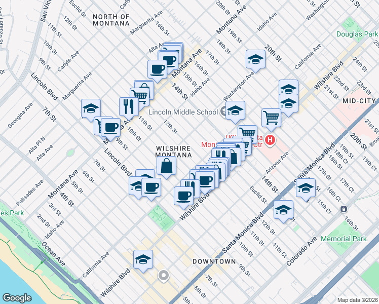 map of restaurants, bars, coffee shops, grocery stores, and more near 1028 12th Street in Santa Monica