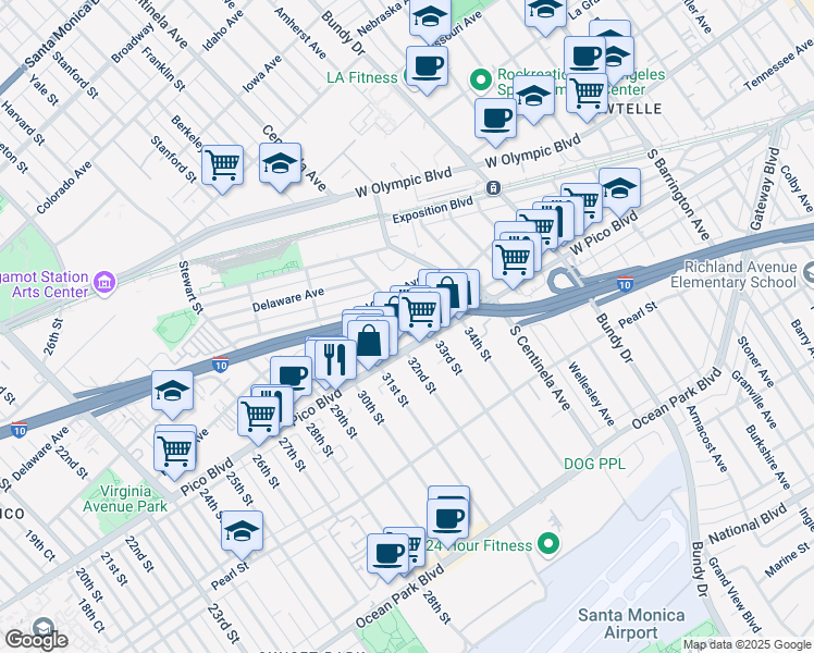 map of restaurants, bars, coffee shops, grocery stores, and more near 3222 Urban Avenue in Santa Monica