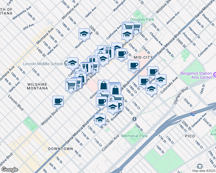 map of restaurants, bars, coffee shops, grocery stores, and more near 1314 17th Street in Santa Monica