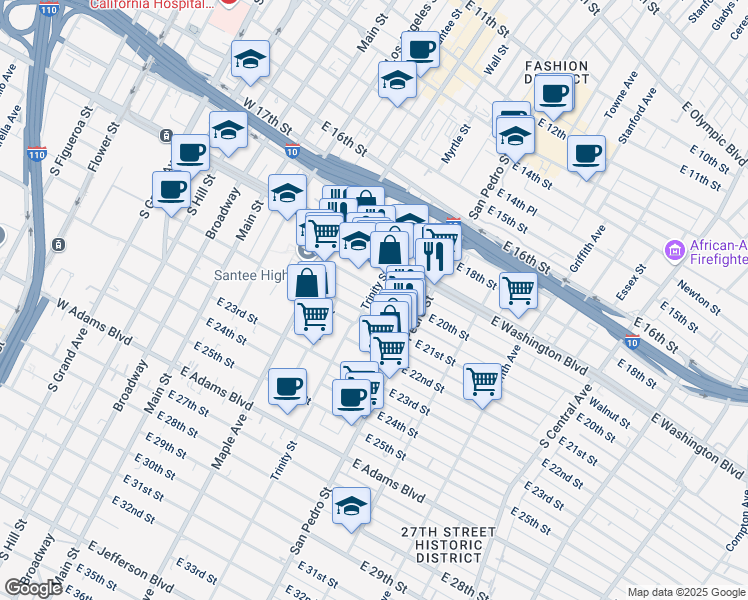 map of restaurants, bars, coffee shops, grocery stores, and more near 2016 Trinity Street in Los Angeles