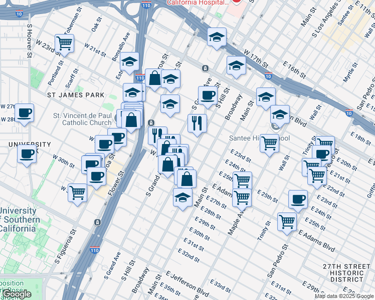 map of restaurants, bars, coffee shops, grocery stores, and more near 225 West 25th Street in Los Angeles