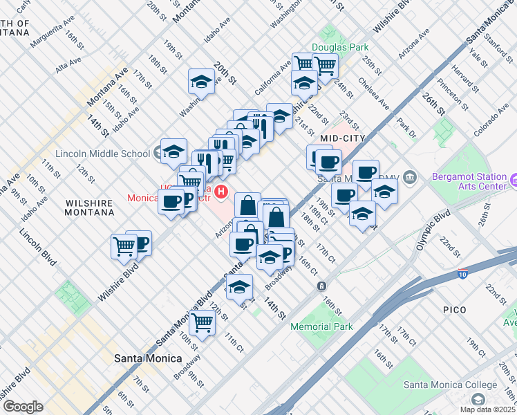 map of restaurants, bars, coffee shops, grocery stores, and more near 1314 17th Street in Santa Monica