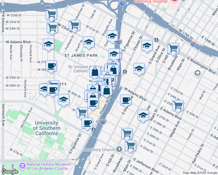 map of restaurants, bars, coffee shops, grocery stores, and more near 540 East Jefferson Boulevard in Los Angeles