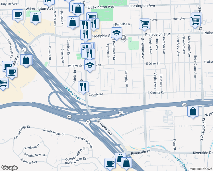 map of restaurants, bars, coffee shops, grocery stores, and more near 2452 Angela Street in Pomona