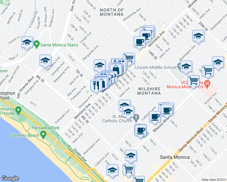 map of restaurants, bars, coffee shops, grocery stores, and more near 827 Lincoln Boulevard in Santa Monica