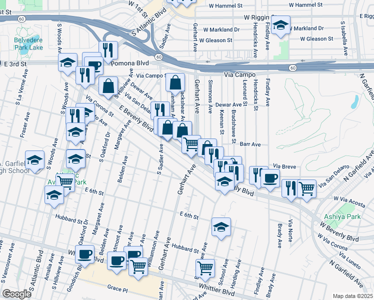 map of restaurants, bars, coffee shops, grocery stores, and more near in East Los Angeles