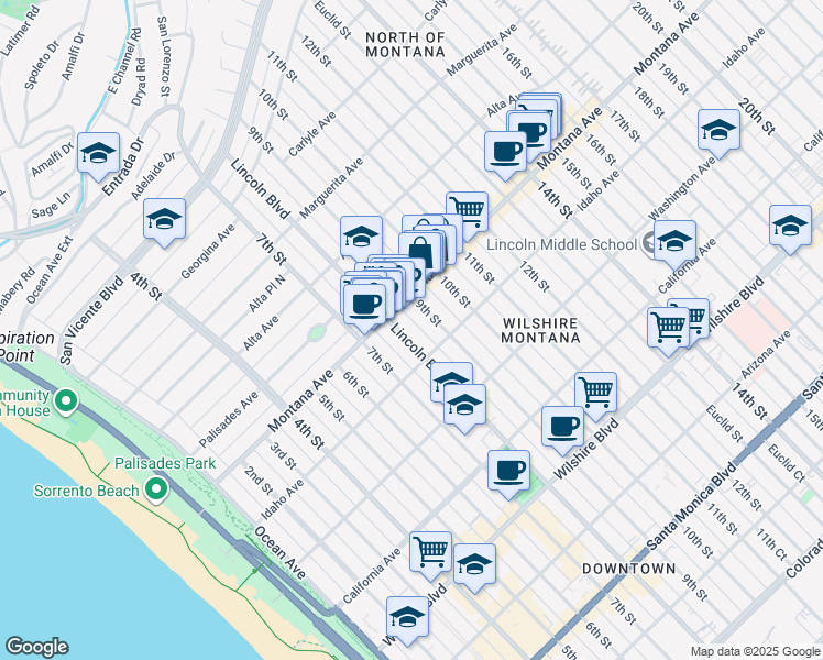 map of restaurants, bars, coffee shops, grocery stores, and more near 827 Lincoln Boulevard in Santa Monica