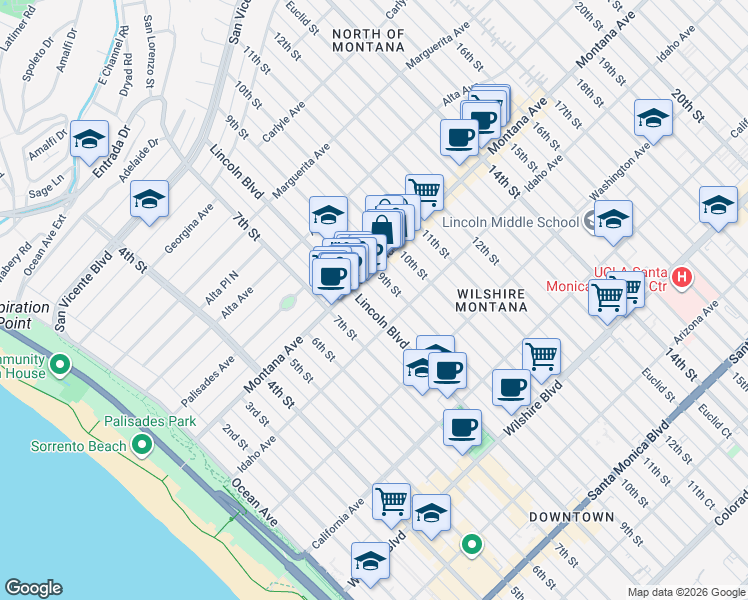 map of restaurants, bars, coffee shops, grocery stores, and more near 827 Lincoln Boulevard in Santa Monica