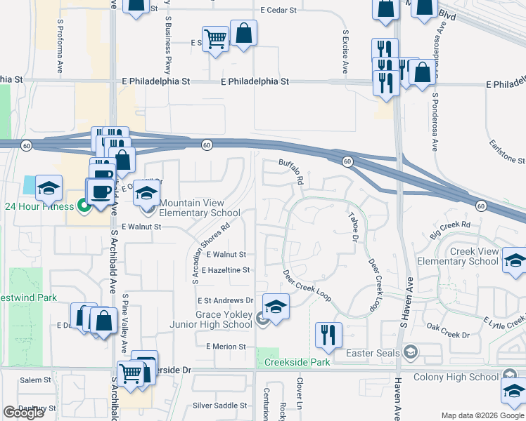 map of restaurants, bars, coffee shops, grocery stores, and more near 3110 Crystal Lake Road in Ontario