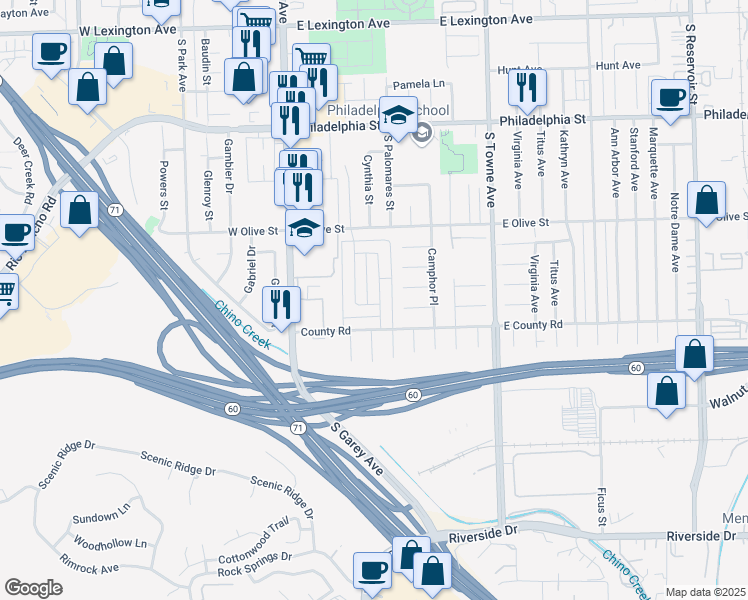 map of restaurants, bars, coffee shops, grocery stores, and more near 2435 Chanslor Street in Pomona