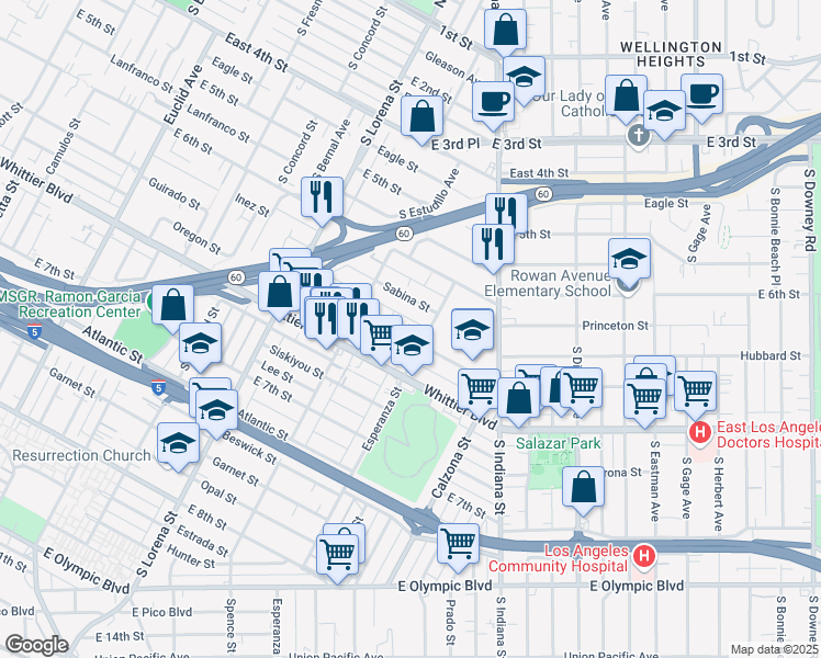 map of restaurants, bars, coffee shops, grocery stores, and more near 3566 Sabina Street in Los Angeles