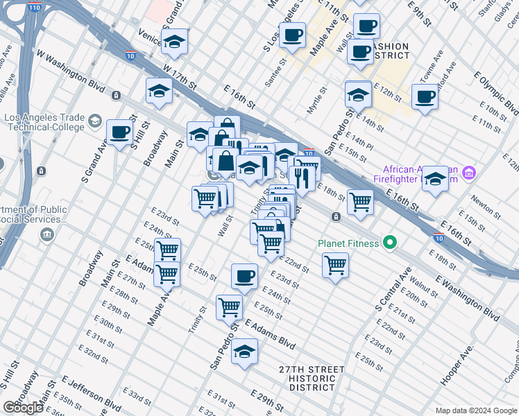 map of restaurants, bars, coffee shops, grocery stores, and more near 2016 Trinity Street in Los Angeles