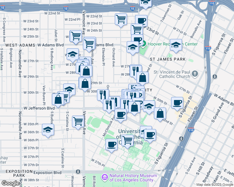 map of restaurants, bars, coffee shops, grocery stores, and more near 1115 West 30th Street in Los Angeles