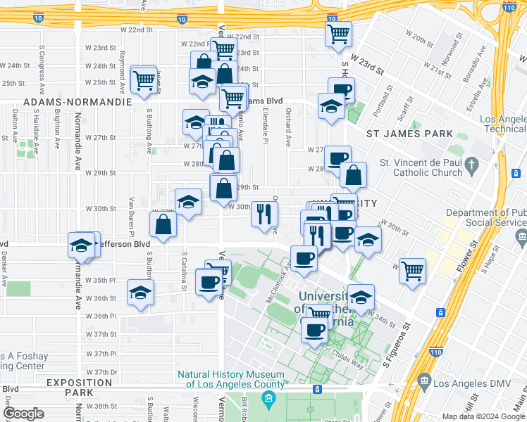 map of restaurants, bars, coffee shops, grocery stores, and more near 1173 West 30th Street in Los Angeles