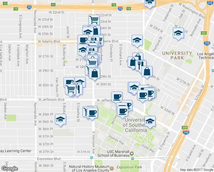 map of restaurants, bars, coffee shops, grocery stores, and more near 1225 West 30th Street in Los Angeles