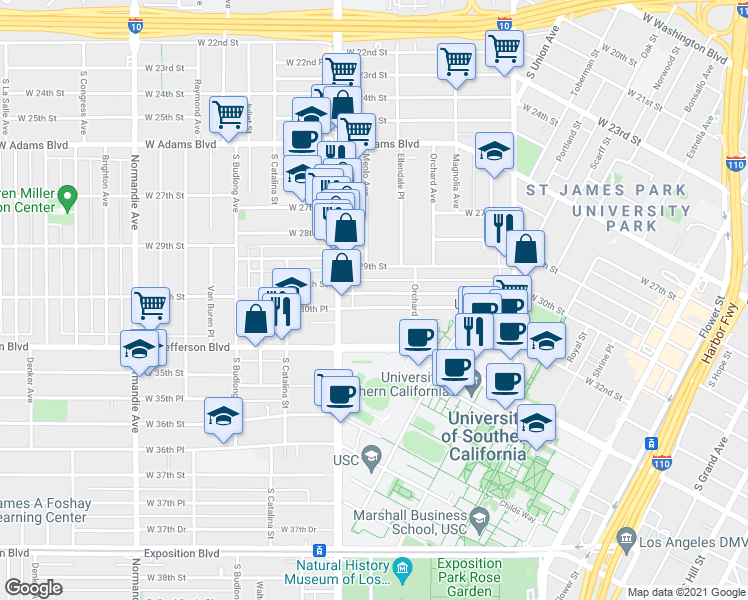 map of restaurants, bars, coffee shops, grocery stores, and more near 1225 West 30th Street in Los Angeles