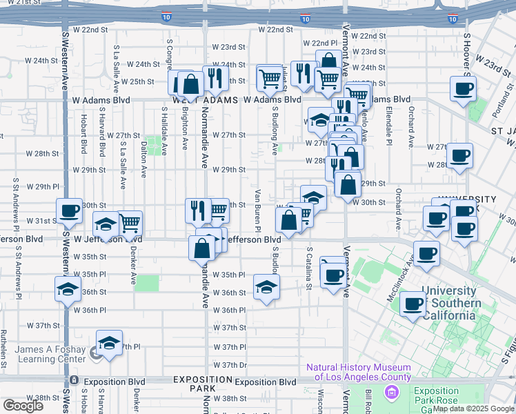 map of restaurants, bars, coffee shops, grocery stores, and more near 2955 Van Buren Place in Los Angeles