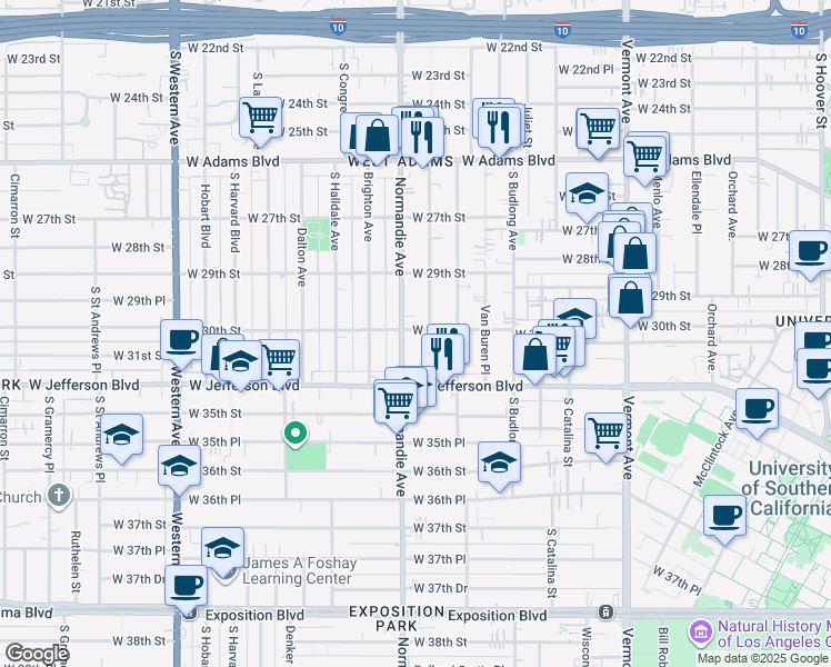 map of restaurants, bars, coffee shops, grocery stores, and more near 1545 West 30th Street in Los Angeles