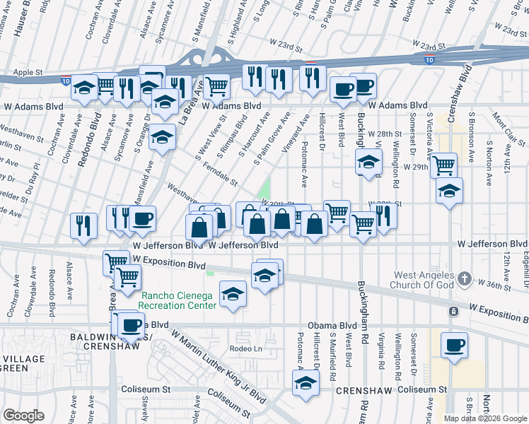 map of restaurants, bars, coffee shops, grocery stores, and more near 3010 Field Avenue in Los Angeles
