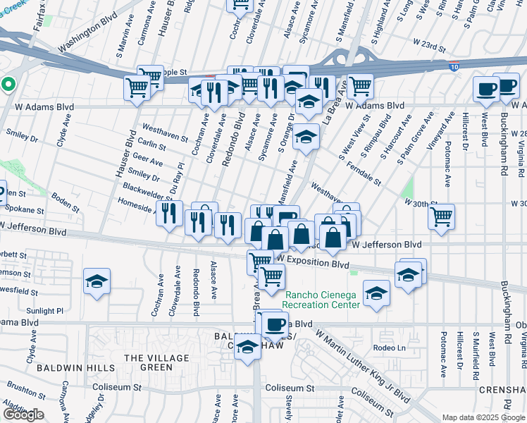 map of restaurants, bars, coffee shops, grocery stores, and more near 5101 Roseland Street in Los Angeles