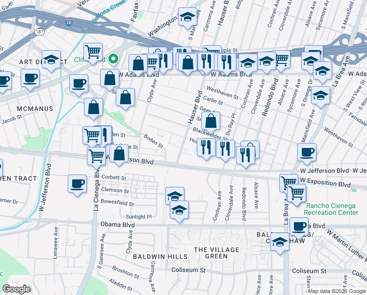 map of restaurants, bars, coffee shops, grocery stores, and more near 2917 Hauser Boulevard in Los Angeles
