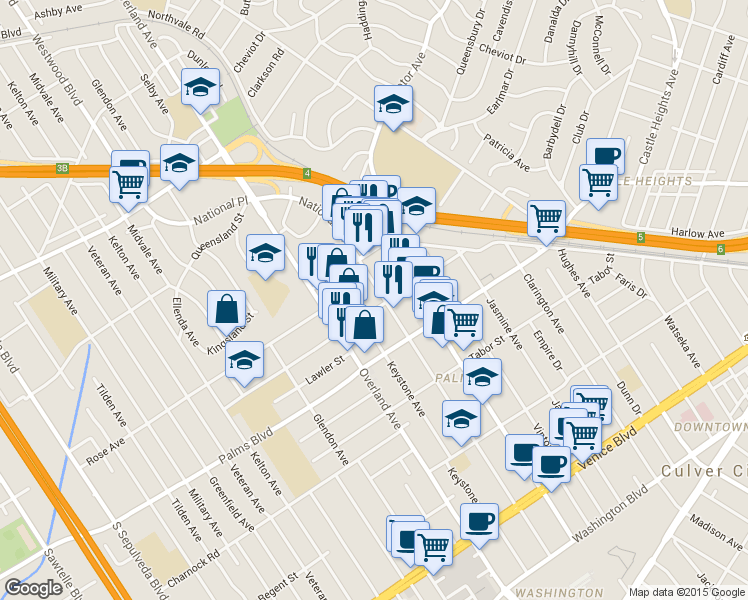 map of restaurants, bars, coffee shops, grocery stores, and more near 3345 Mentone Avenue in Los Angeles