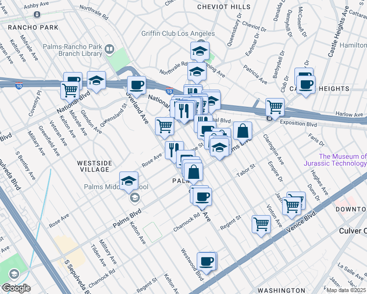 map of restaurants, bars, coffee shops, grocery stores, and more near 3345 Mentone Avenue in Los Angeles