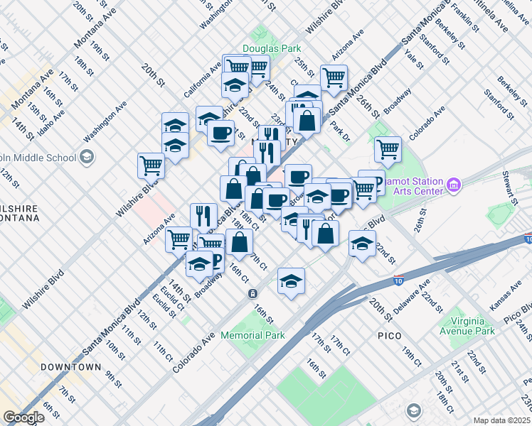 map of restaurants, bars, coffee shops, grocery stores, and more near 1450 20th Street in Santa Monica