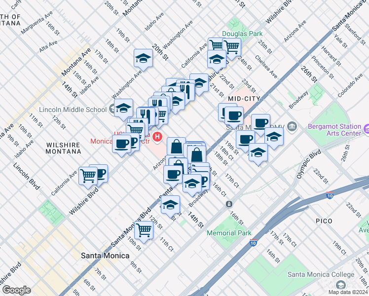 map of restaurants, bars, coffee shops, grocery stores, and more near 1623 Arizona Avenue in Santa Monica