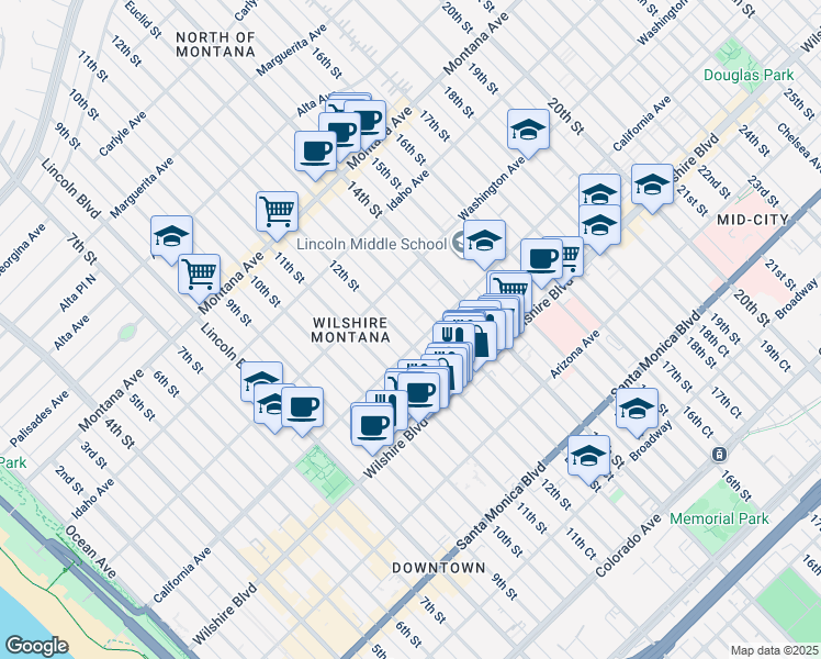 map of restaurants, bars, coffee shops, grocery stores, and more near 1037 12th Court in Santa Monica