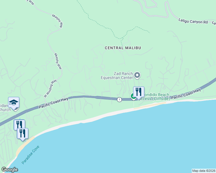 map of restaurants, bars, coffee shops, grocery stores, and more near 27545 Pacific Coast Highway in Malibu