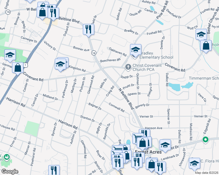 map of restaurants, bars, coffee shops, grocery stores, and more near 2717 Craig Road in Columbia