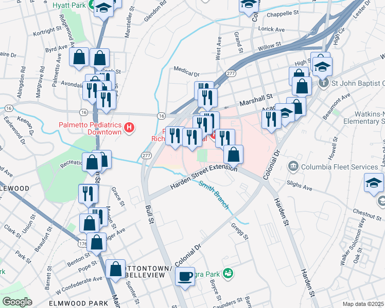 map of restaurants, bars, coffee shops, grocery stores, and more near 6 Richland Medical Park Drive in Columbia
