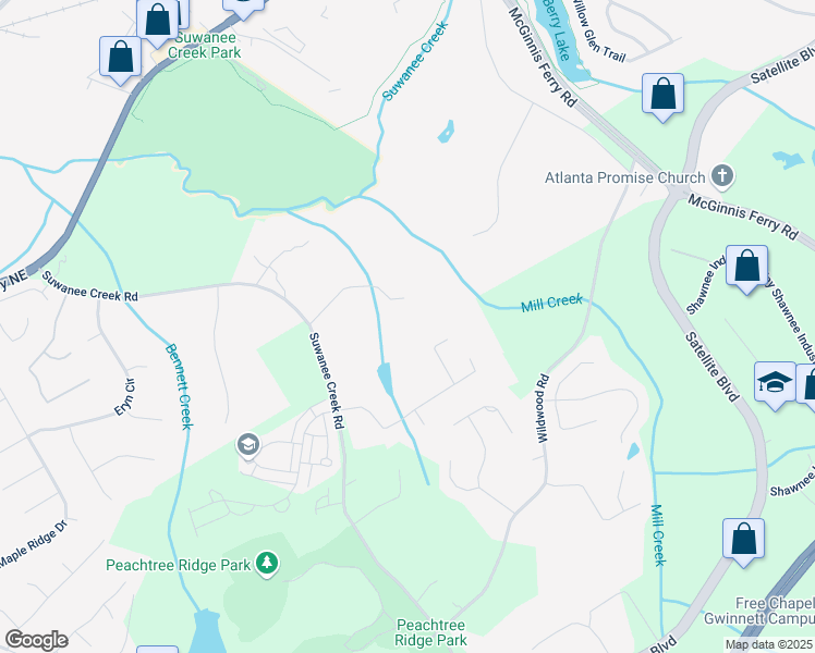 map of restaurants, bars, coffee shops, grocery stores, and more near 1124 Bend Creek Trail in Suwanee