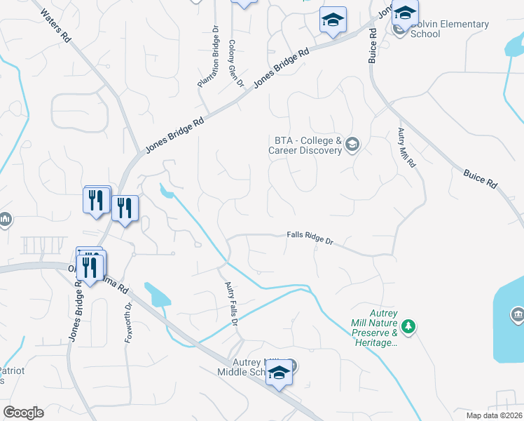 map of restaurants, bars, coffee shops, grocery stores, and more near 745 Weybridge Place in Alpharetta