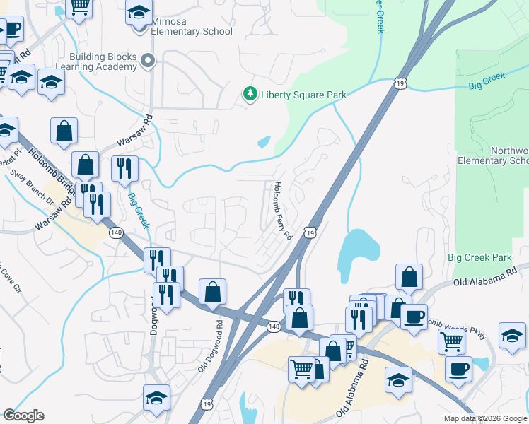 map of restaurants, bars, coffee shops, grocery stores, and more near 205 High Creek Drive in Roswell