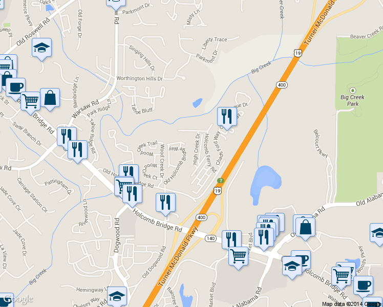map of restaurants, bars, coffee shops, grocery stores, and more near 205 High Creek Drive in Roswell