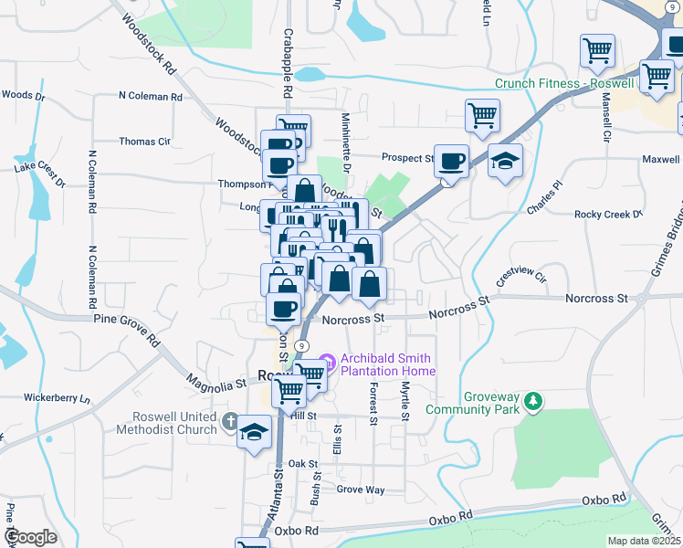 map of restaurants, bars, coffee shops, grocery stores, and more near 1072 Alpharetta Highway in Roswell
