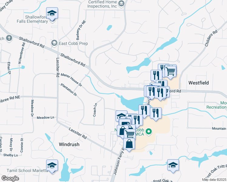 map of restaurants, bars, coffee shops, grocery stores, and more near 4176 Shallowford Road in Marietta