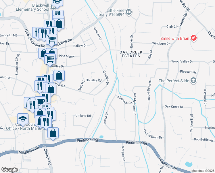 map of restaurants, bars, coffee shops, grocery stores, and more near 1070 Brackett Road in Marietta