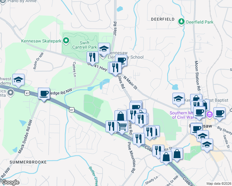 map of restaurants, bars, coffee shops, grocery stores, and more near 1069 Hillsborough Chase Northwest in Kennesaw